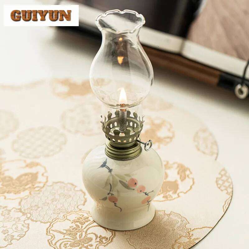 Hand Drawn Flowers Kerosene Lamps Holder Candle Stick Antique Style Oil Lamp Indoor Light Home Decoration Y260131