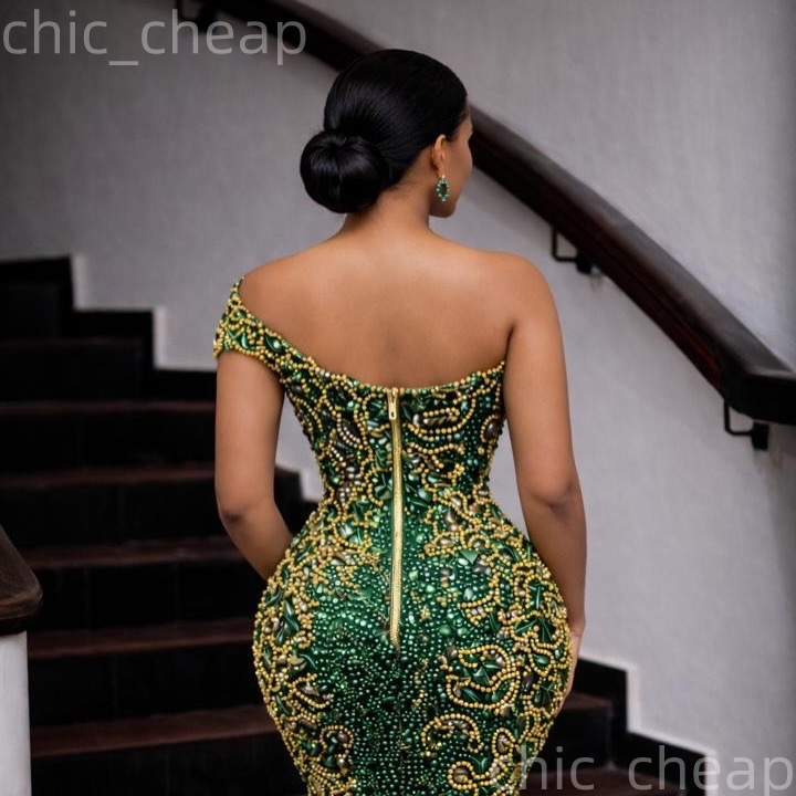 Aso Ebi Dark Green Mermaid Prom Dresses 2026 Beaded Crystals One Shoulder Evening Formal Party Second Birthday Engagement Gowns Dress For Special Occa