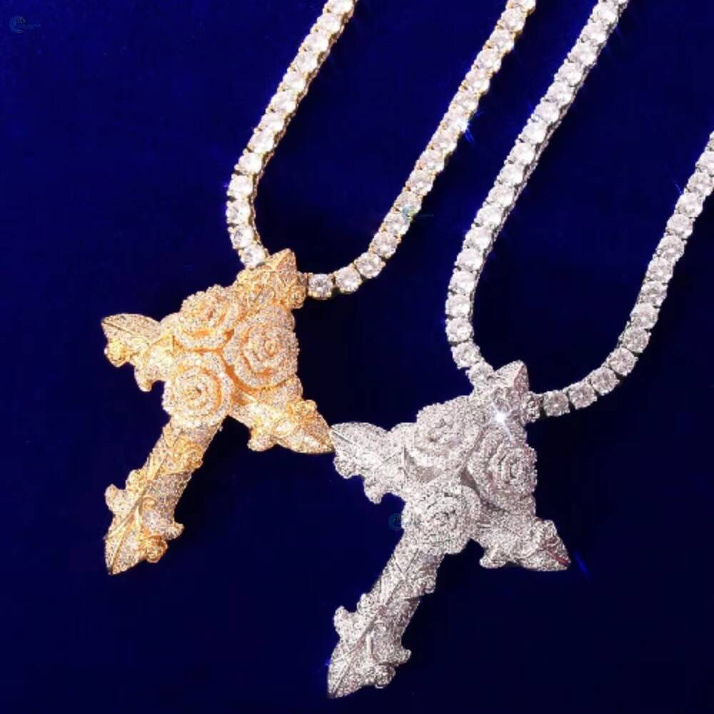 Luxury Christian Jewelry Moissanite Jesus Crucifix Pendant Full Iced Out Cross With Flower Design Pendant Hip Hop Pendant
