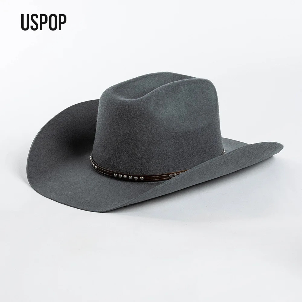 USPOP Autumn Winter Western Cowboy Hat Unisex Casual Studded Wool Felt Hat with Belt Large Size Fedora Available in Sizes S-XL 260120
