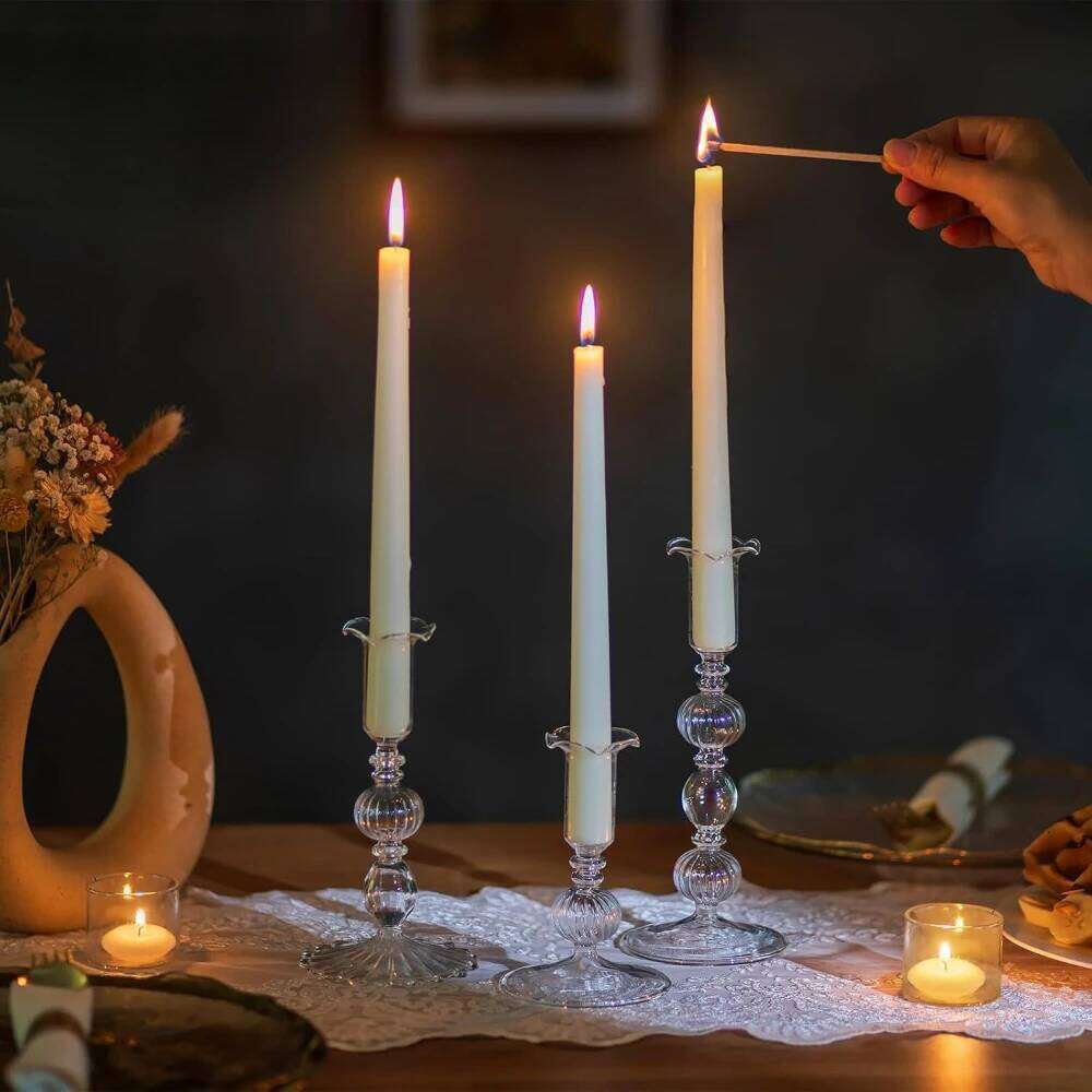 3pcs Glass Tapered Clear Sticks Holder Modern Ribbed Candle Holders for Table Centerpiece Wedding Home Decorations Y260131