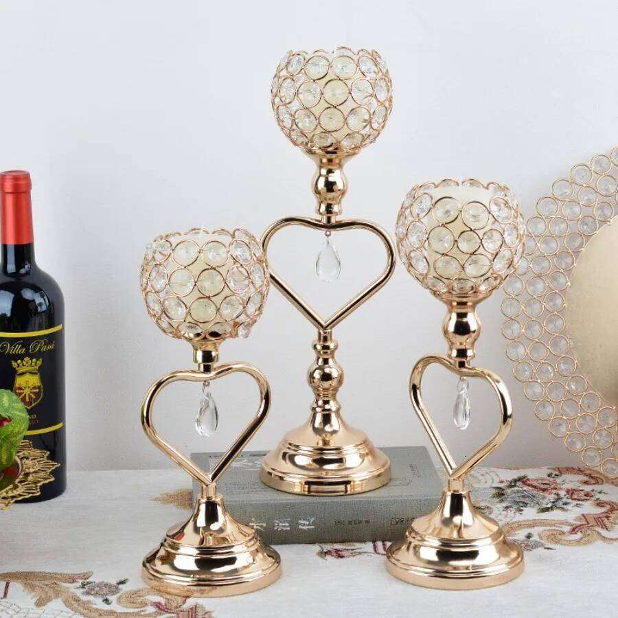 Golden Crystal Votive Holder Dwarf Tealight Candle Holders, Iron Heart Small Vintage Candlestick Set for Tabl Y260131