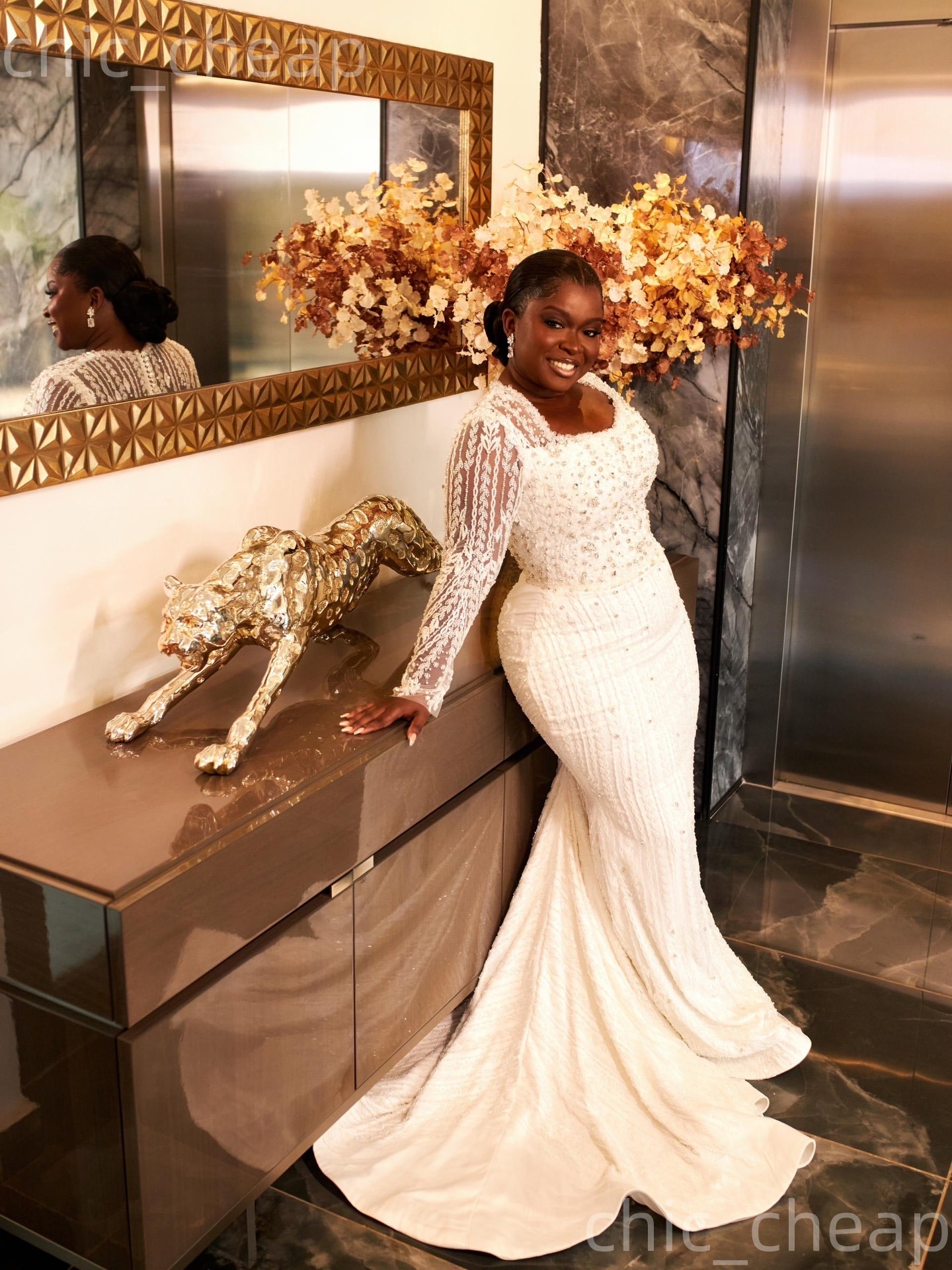 African Aso Ebi 2026 Ivory Mermaid Wedding Dress Square Crystals Full Sleeves Sequined Lace Vintage Sparkly Bridal Gowns Dresses ZJ266