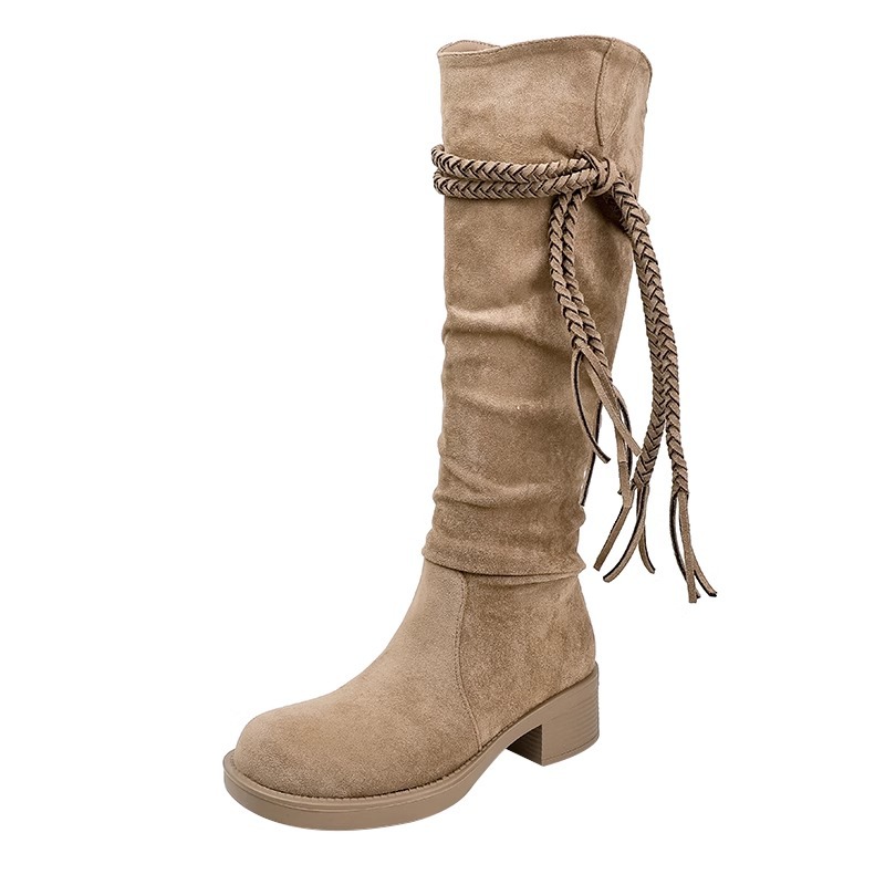 luxury Fashion Boots 2026 Women's Chunky Heel Riding Boots, Suede Leather Western Ankle Boots with Fringe & Rope Detail, Retro Mid-Calf Boots