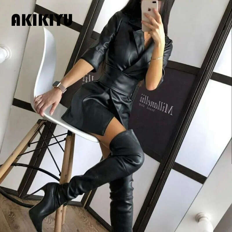 Sexy PU Bandage Women's Mini Dress Pure Faux Leather Ladies Jacket-Dress With Belt Autumn Winter Streetwear Vestido Female AKIKIYU - view 3