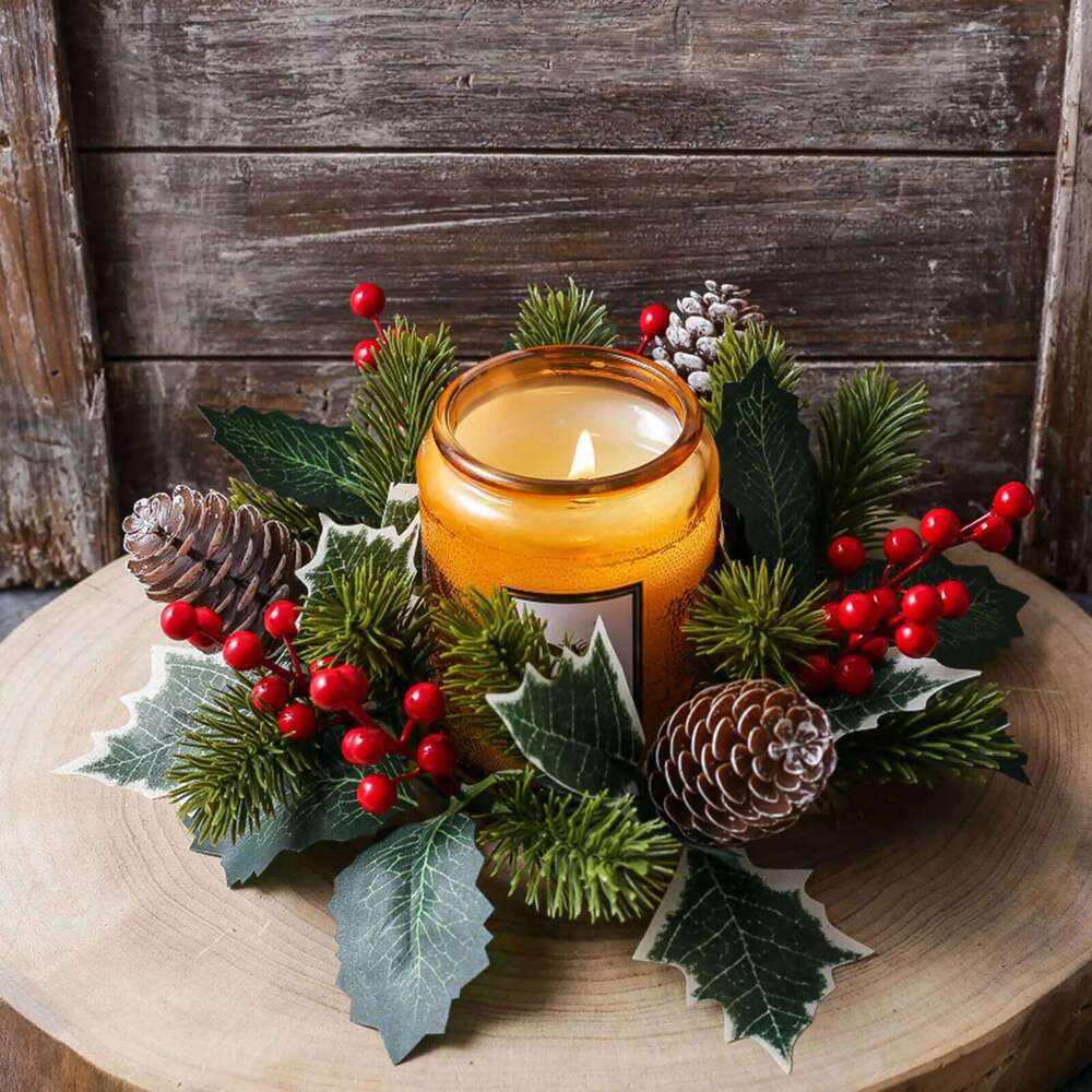 Christmas Candle Ring Pine Needle Garland Candlestick Holder Xmas Wreath Ornament for Festival Home Dining Table Decor Y260131