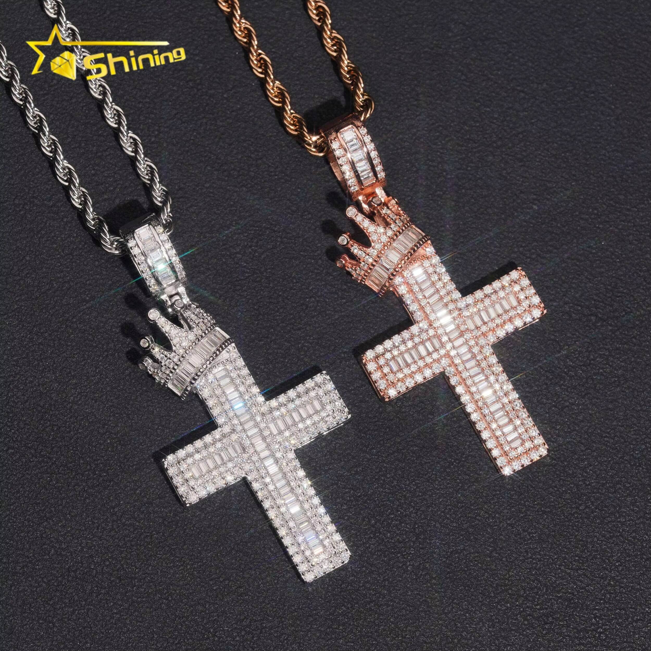 USA Local Stock Fast Shipping Cross Charm Rose Gold Plated 925 Sterling Silver Baguette Moissanite Hip Hop Iced Out Pendant