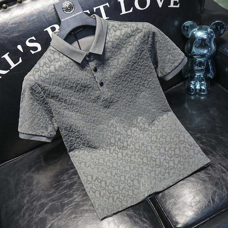 2026 New Versatile lapel short-sleeved polo shirt men's summer flocked print slim business half-sleeve polo shirt