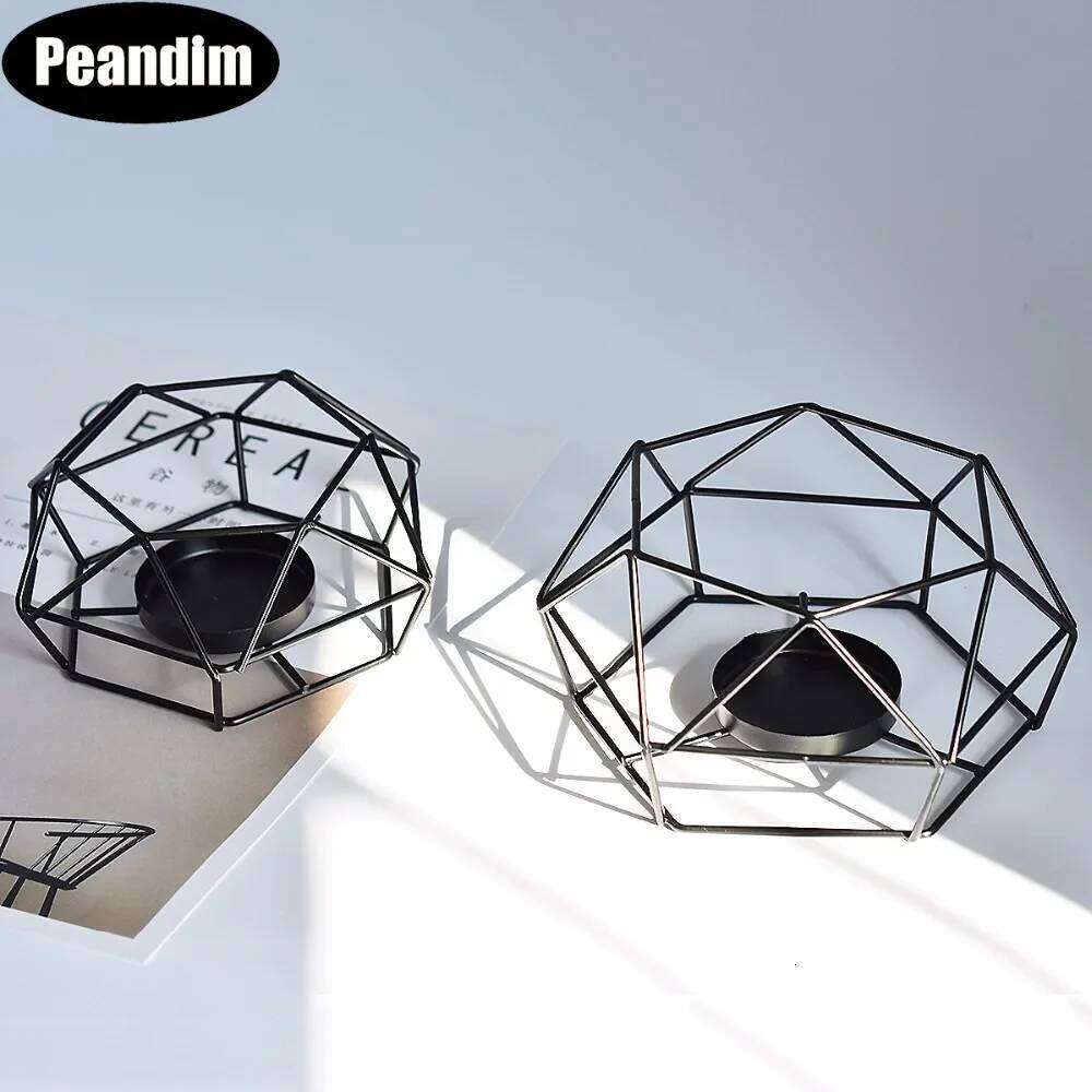 Peandim Geometry Small Tealight Candle Holders Tabletop Aritist Craft Black Metal Wire Candlestick Home Decor Valentine's Gift Y260131