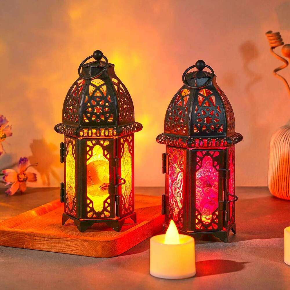 1PC, European retro ironwork hollowed-out Moroccan decorative glass candlestick, suitable for home and restaurant Y260131