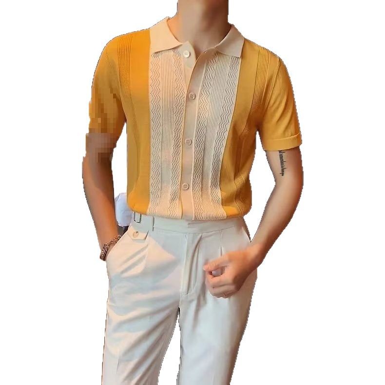 2026 Summer men's knit polo shirt slim solid color ice silk casual lapel half-sleeve polo shirt