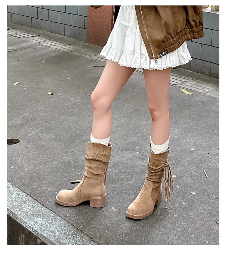 luxury Fashion Boots 2026 Women's Chunky Heel Riding Boots, Suede Leather Western Ankle Boots with Fringe & Rope Detail, Retro Mid-Calf Boots