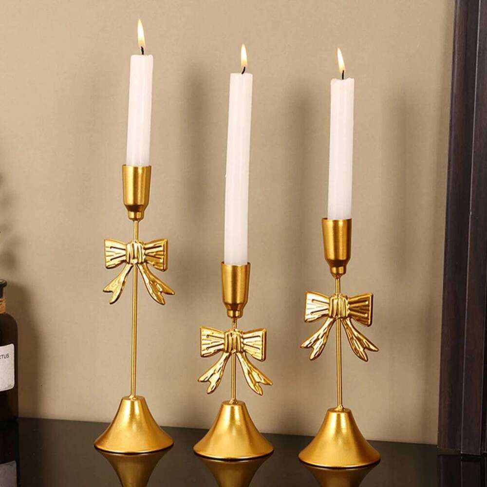 Table Decor Intricate Christmas Festive Bow Candlestick Golden Light Luxury Candle Holder Y260131