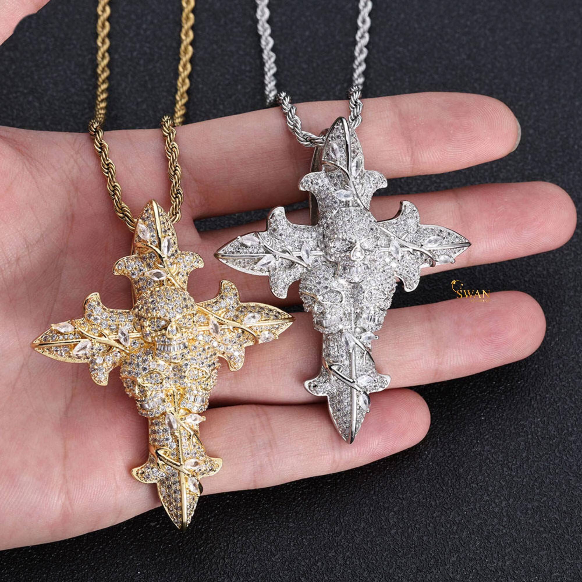 925 Sterling Silver Iced Out Moissanite Diamond Skull Cross Pendant Necklace Hip Hop Religious Jewelry Luxury Gothic Bling Gift