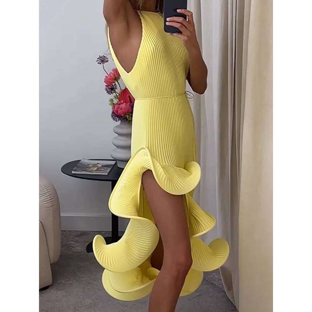 Round Neck Solid Patchwork Irregular Women Summer Off The Shoulder Fashion Party Dress, Sleeveless Elegant Ladies Dresses LEEGO LENS