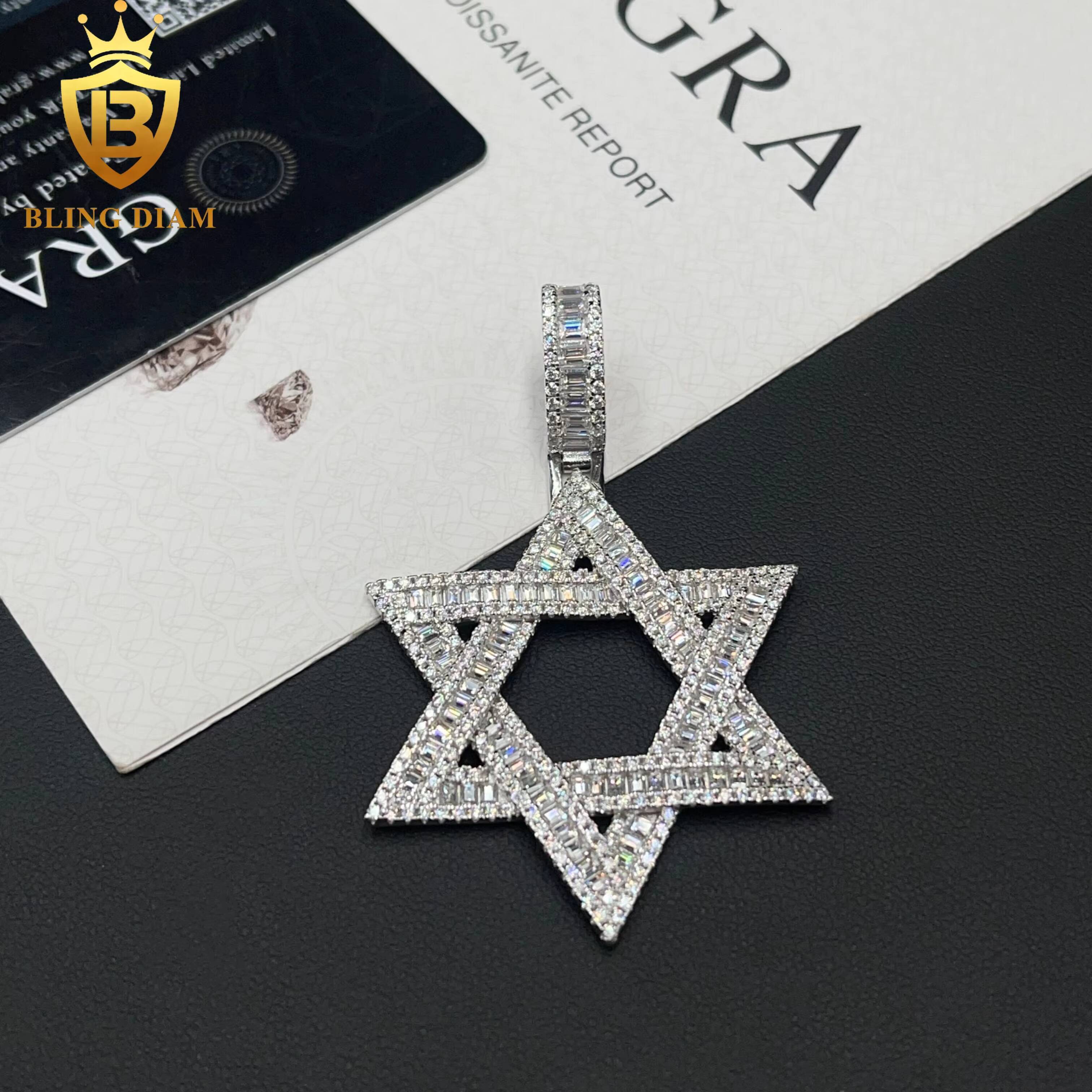 Iced Out Jewelry Passes Diamond Tester 925 Sterling Silver VVS Moissanite Baguette Star Charm Pendant