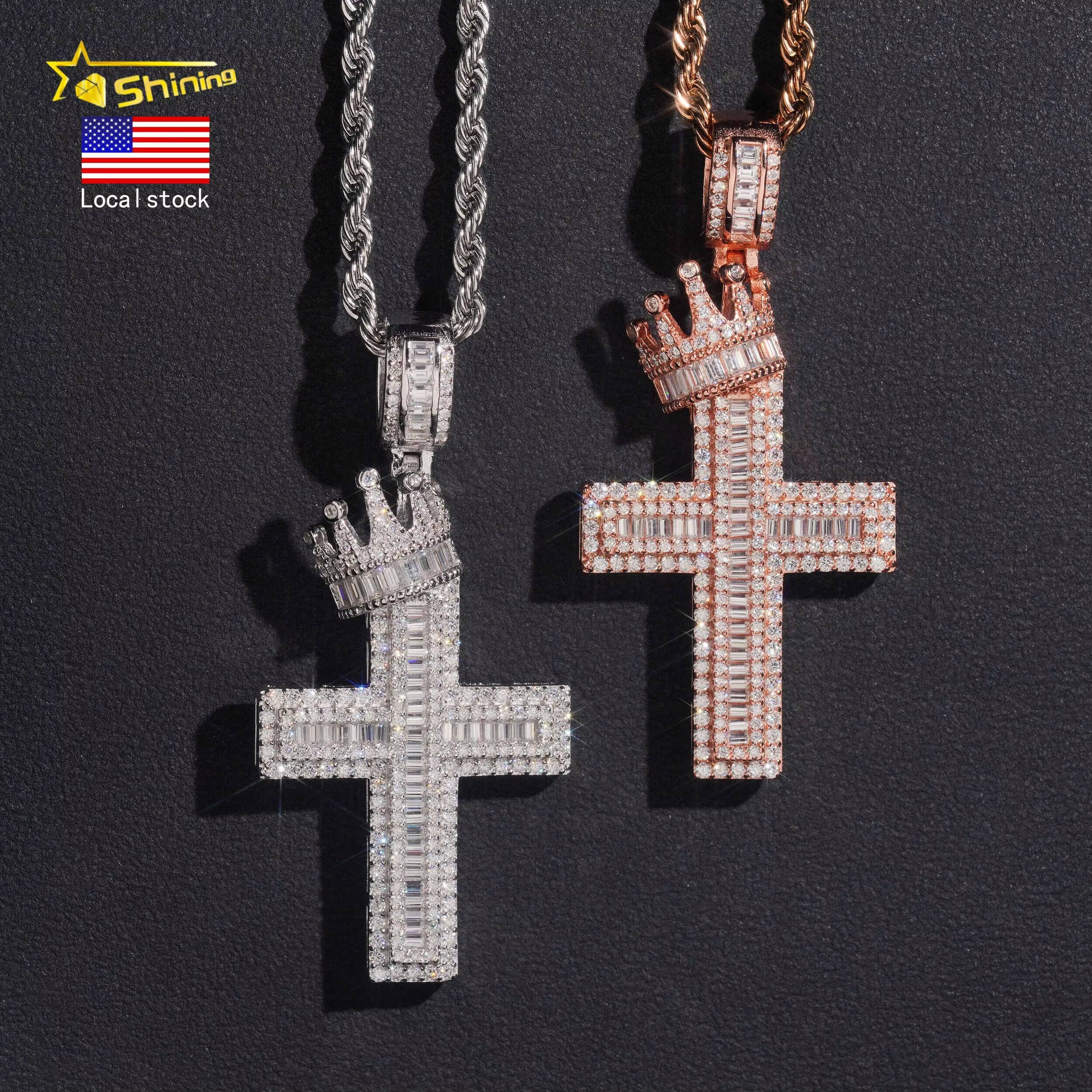 USA Local Stock Fast Shipping Cross Charm Rose Gold Plated 925 Sterling Silver Baguette Moissanite Hip Hop Iced Out Pendant