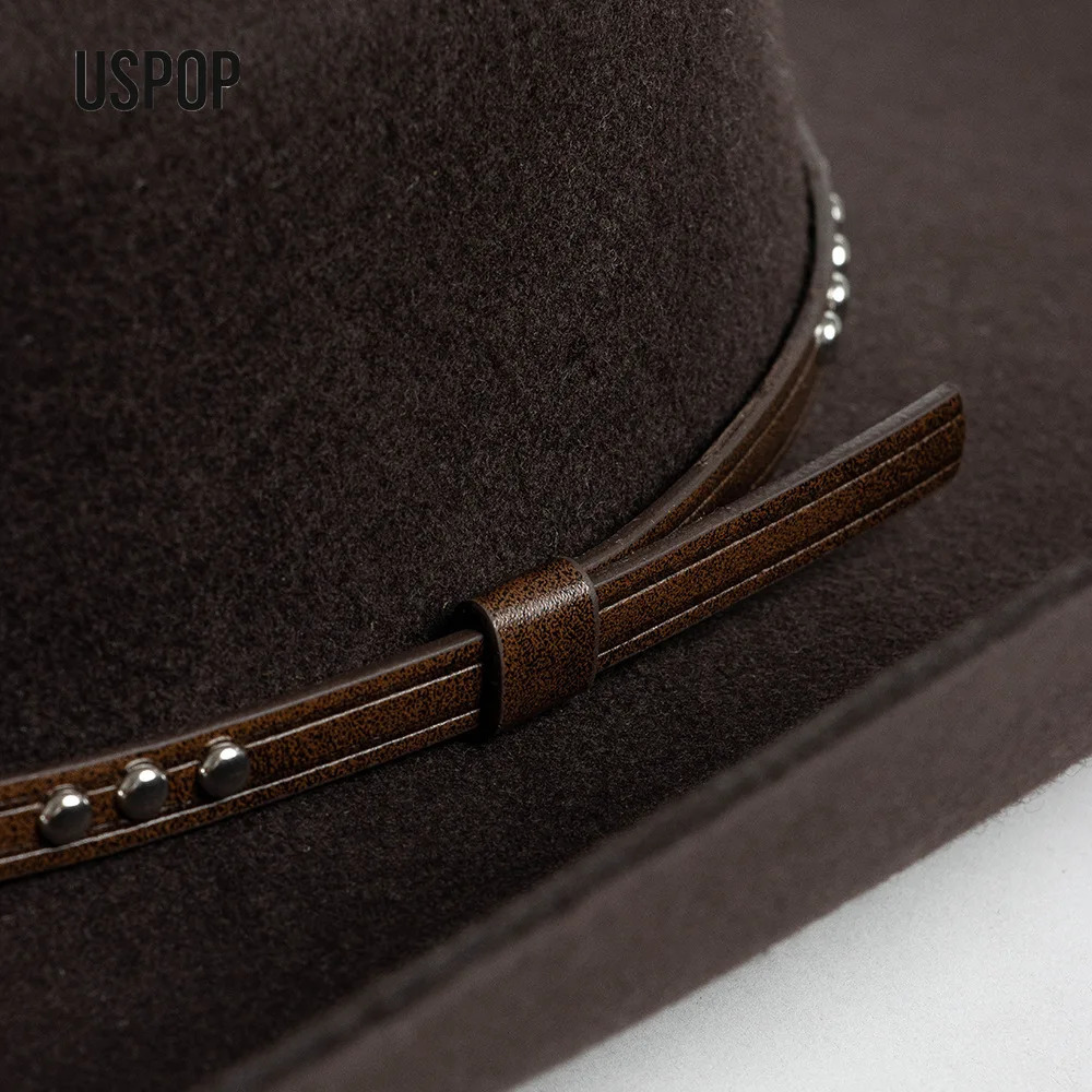 USPOP Autumn Winter Western Cowboy Hat Unisex Casual Studded Wool Felt Hat with Belt Large Size Fedora Available in Sizes S-XL 260120