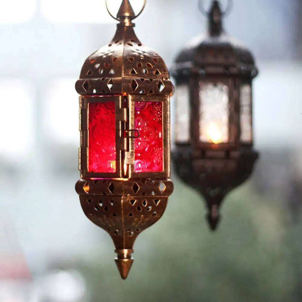 25*9cm Iron Hanging Vintage Glass Moroccan Tea Light European Style Hollow Candle Holder For Garden Y260131