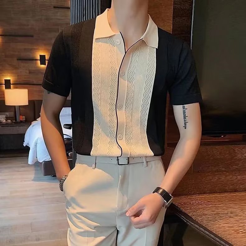 2026 Summer men's knit polo shirt slim solid color ice silk casual lapel half-sleeve polo shirt