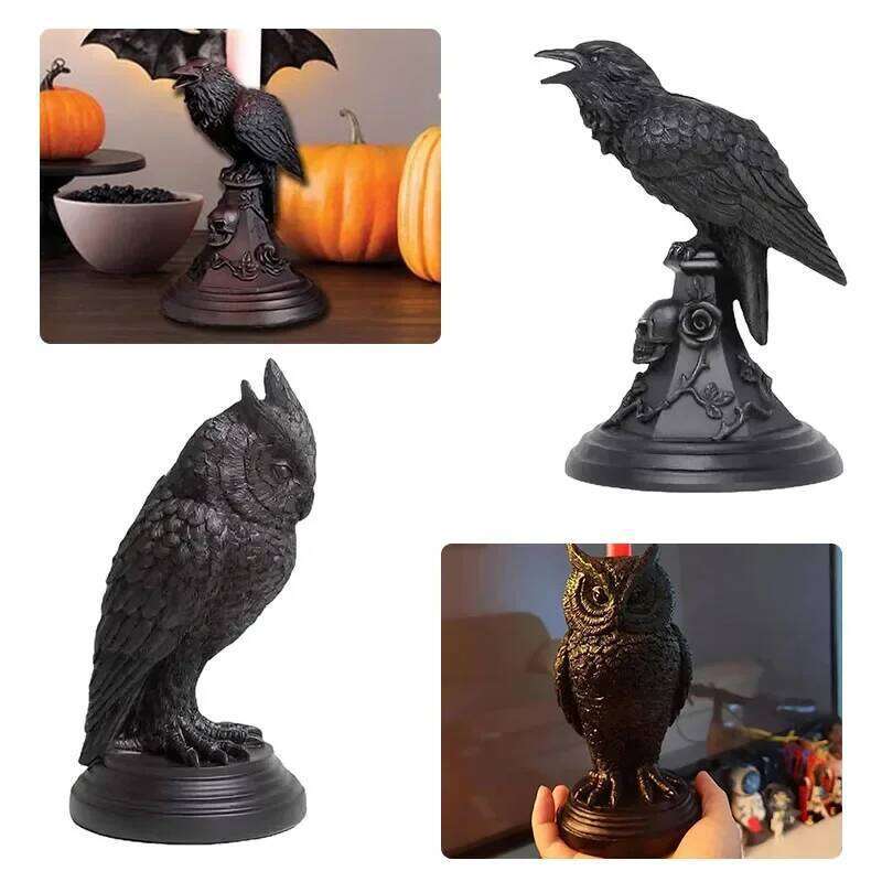 Gothic Crow Candle Holder Retro Black Owl Candlestick Resin Sculpture Craft Halloween Statue Fun Atmosphere Home Decoration Y260131