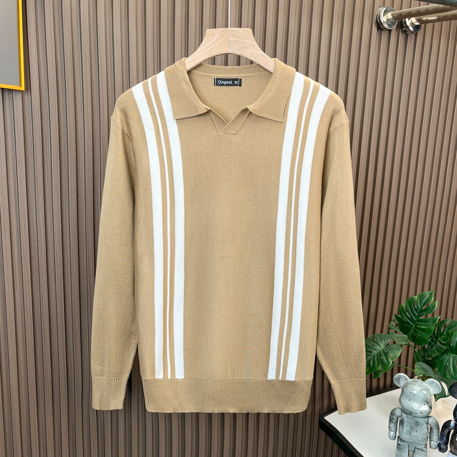 Fall and Winter New Sweater Men's British Vintage Stripe Contrast Slim Knit Top Business Casual Shirt White