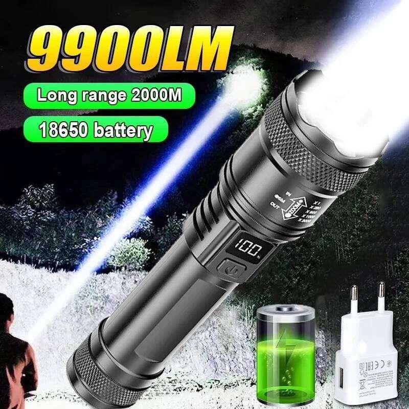 9900LM Powerful LED Flashlight Battery Display USB Rechargeable Light Telescopic Zoom Torch Lamp Outdoor Camping Fishing Lantern H260131
