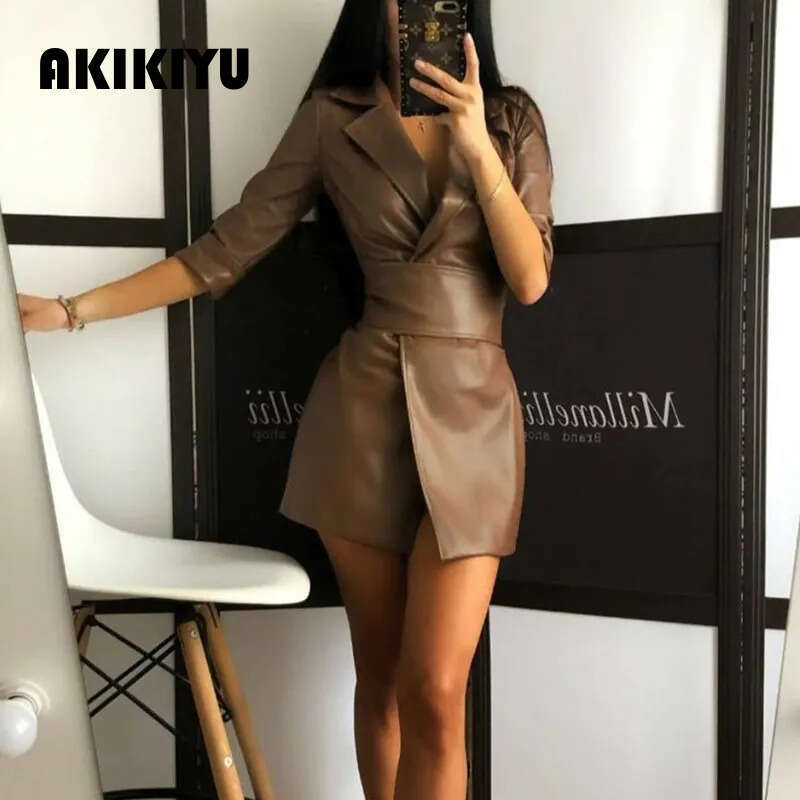 Sexy PU Bandage Women's Mini Dress Pure Faux Leather Ladies Jacket-Dress With Belt Autumn Winter Streetwear Vestido Female AKIKIYU - view 5