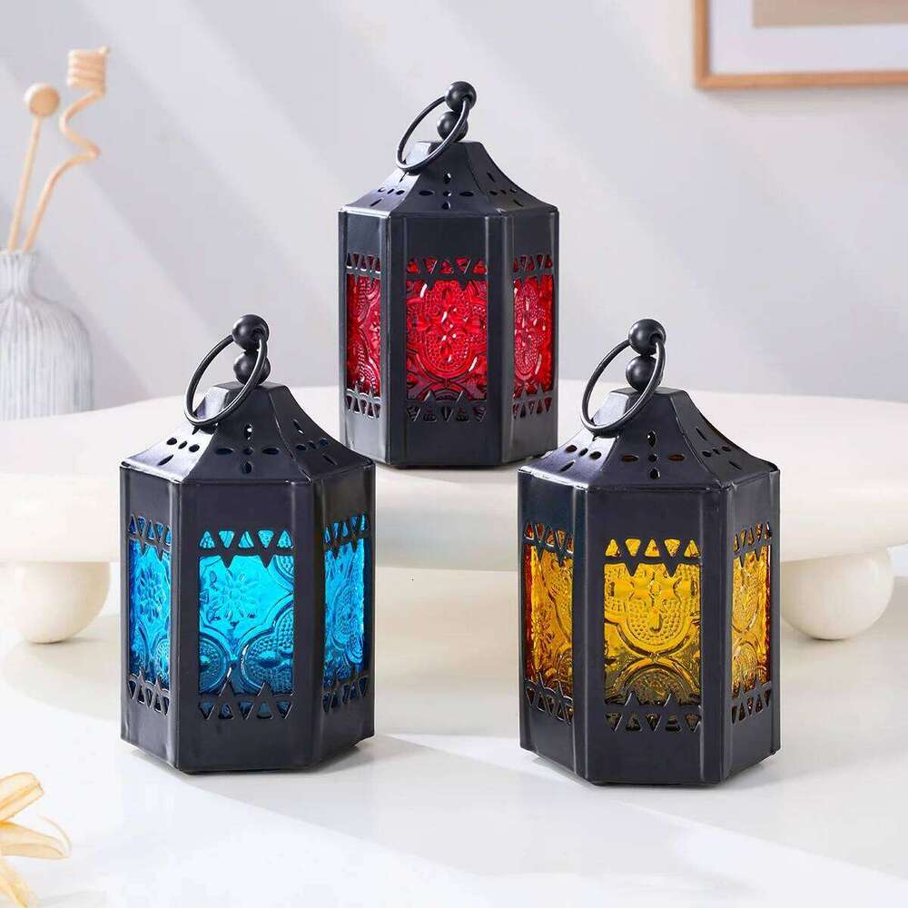 1PC, European retro ironwork, colored windproof glass, hexagonal hollowed-out candlestick lamp Y260131