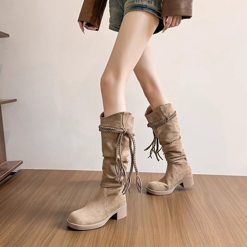luxury Fashion Boots 2026 Women's Chunky Heel Riding Boots, Suede Leather Western Ankle Boots with Fringe & Rope Detail, Retro Mid-Calf Boots