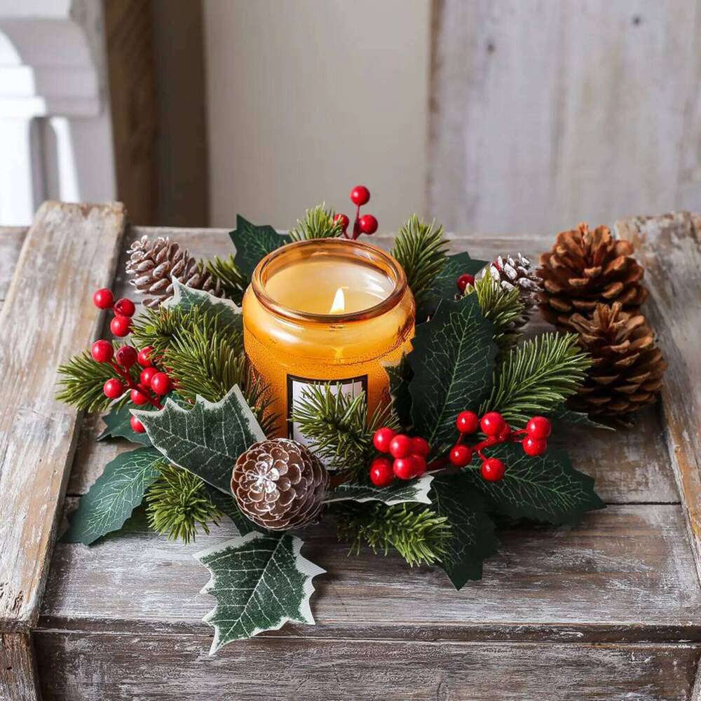 Christmas Candle Ring Pine Needle Garland Candlestick Holder Xmas Wreath Ornament for Festival Home Dining Table Decor Y260131