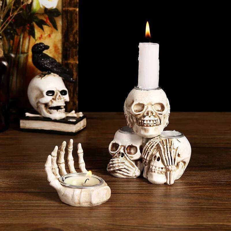 Skull Candle Holder Resin Candlestick Ornament Halloween Party Home Desktop Decoration Gift Haunted House Horror Props Y260131