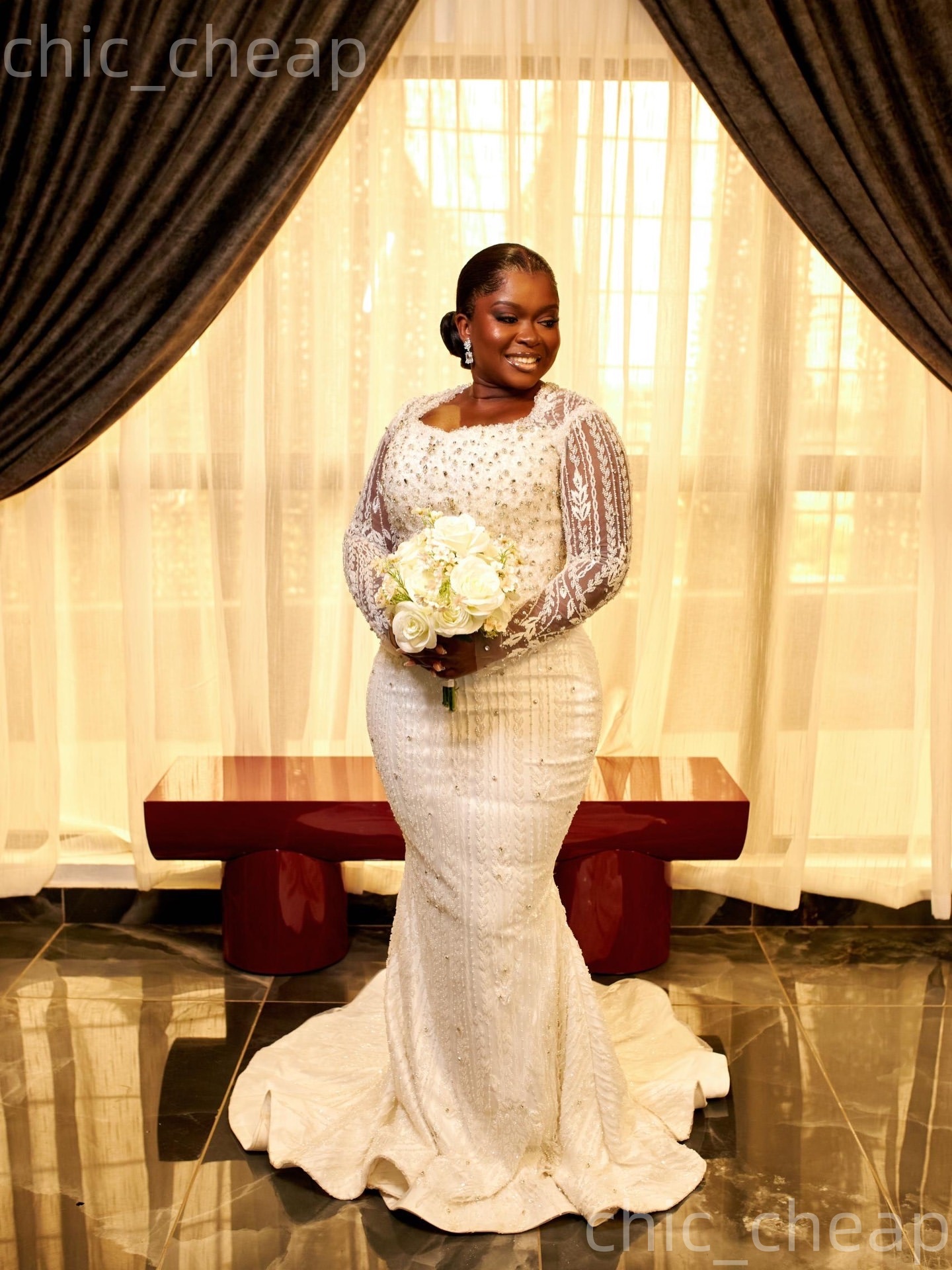African Aso Ebi 2026 Ivory Mermaid Wedding Dress Square Crystals Full Sleeves Sequined Lace Vintage Sparkly Bridal Gowns Dresses ZJ266