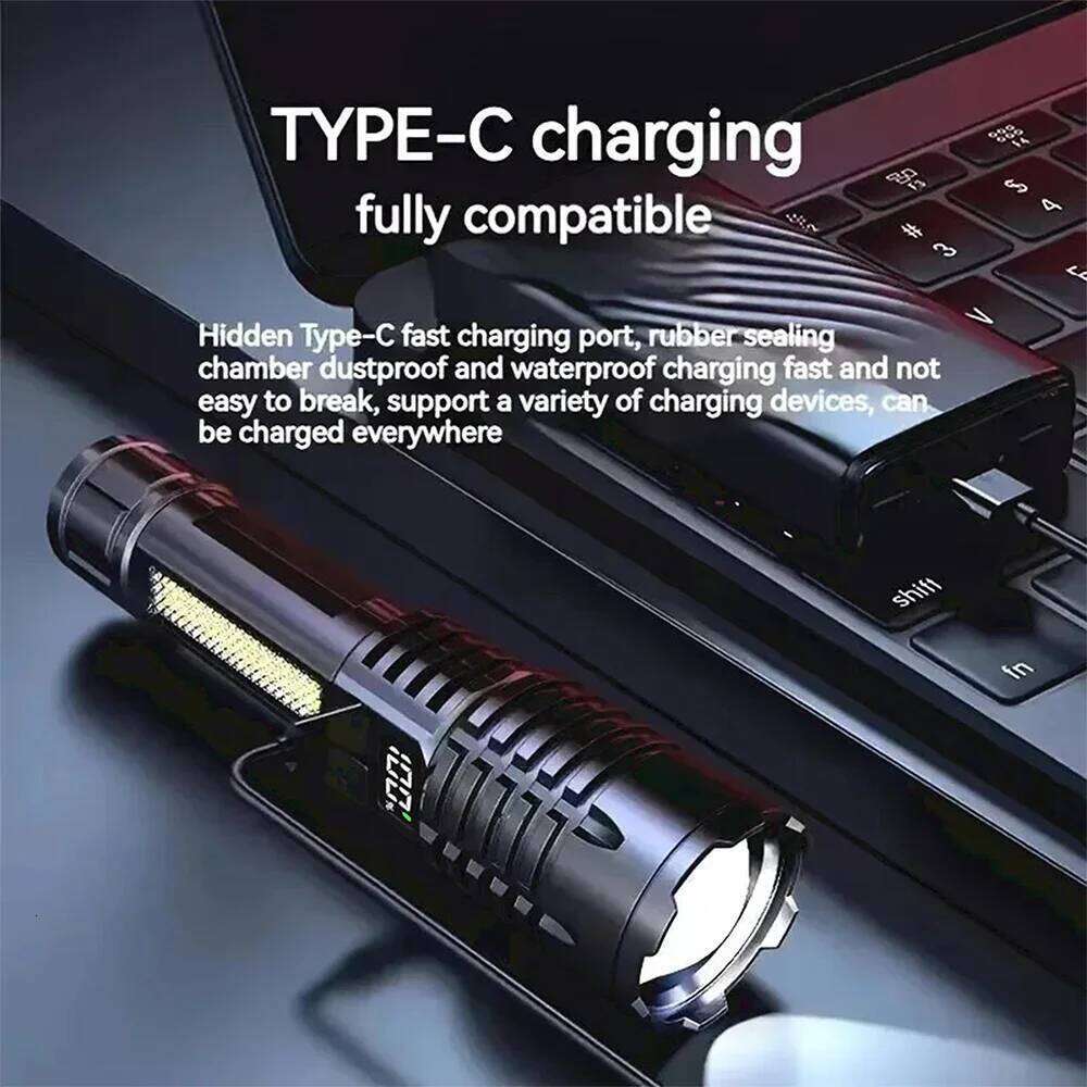 High Power LED Powerful USB Rechargeable COB Flashlight with Side Light Torch for Outdoor Camping Hiking Fishing H260131