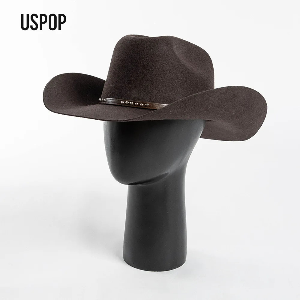 USPOP Autumn Winter Western Cowboy Hat Unisex Casual Studded Wool Felt Hat with Belt Large Size Fedora Available in Sizes S-XL 260120
