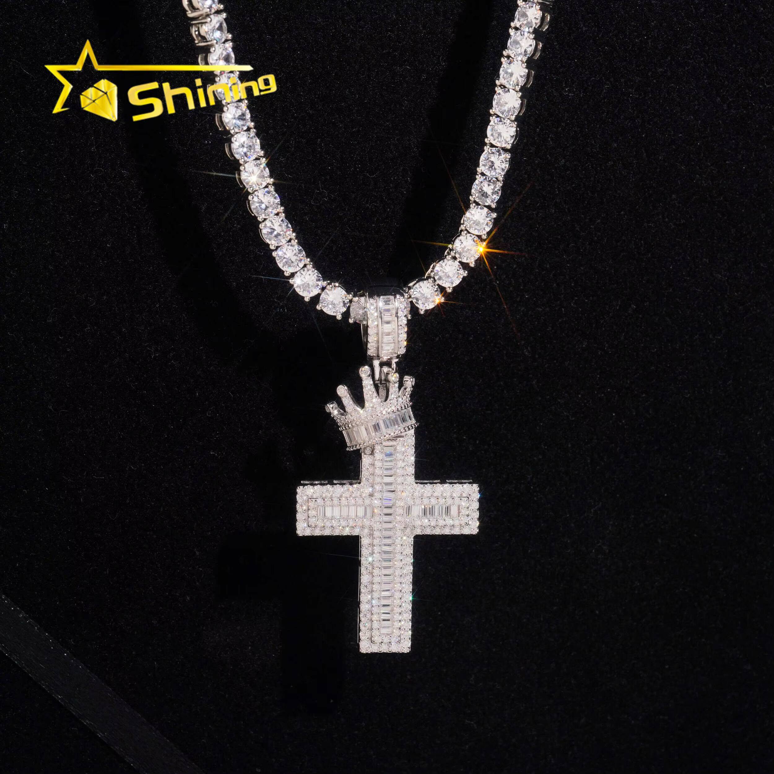 Crown Bail Baugette Moissanite Cross Charm 925 Sterling Silver Gold Plated Iced Out GRA Moissanite Pass Diamond Tester Pendant