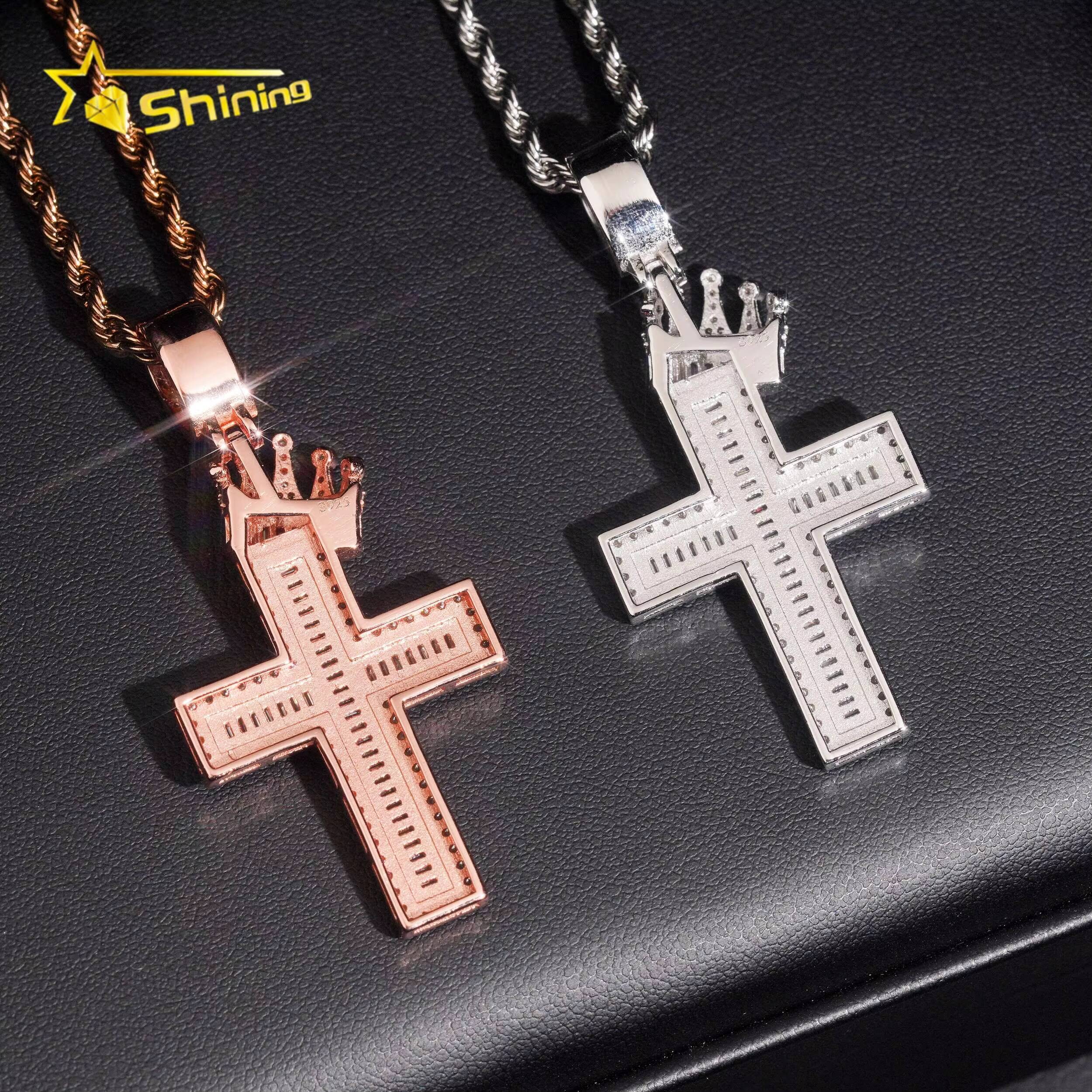 USA Local Stock Fast Shipping Cross Charm Rose Gold Plated 925 Sterling Silver Baguette Moissanite Hip Hop Iced Out Pendant