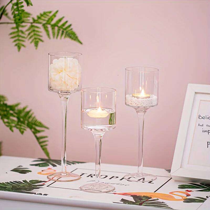 Set of 3 Glass Tall Tea Light Holders, Elegant Clear Long Stem Pillar Candle Holders for Wedding, Party, Home Decor Y260131