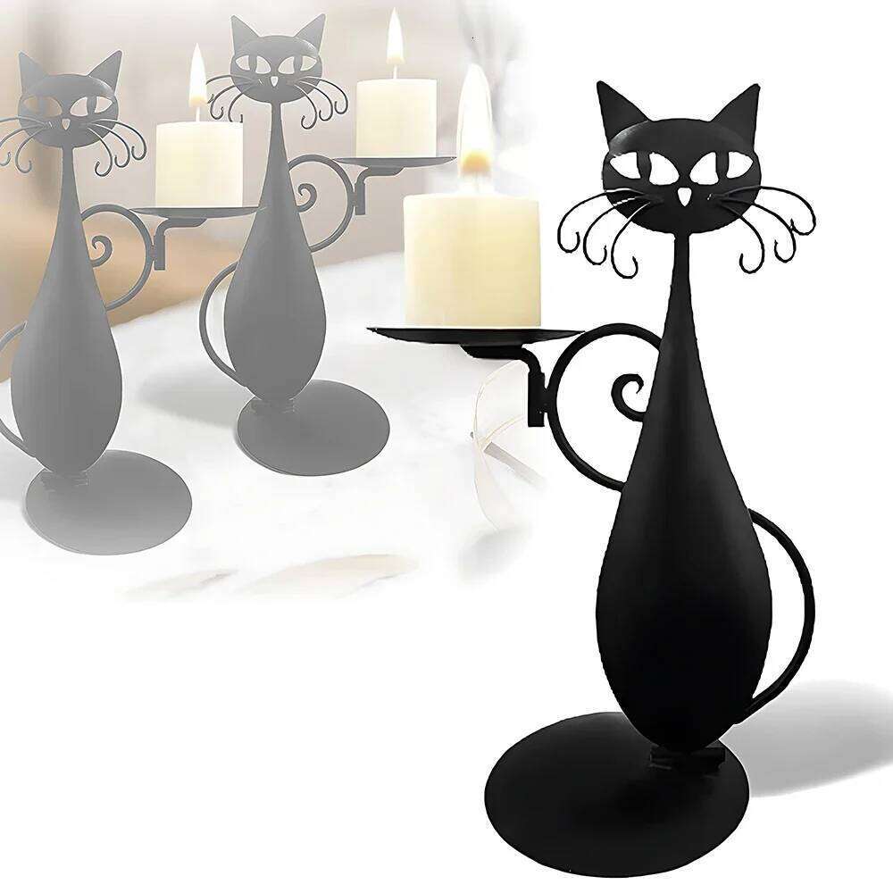 Vintage Black Cat Metal Candlestick Holder for Cylindrical or LED Flameless Candle Home Table Decoration Halloween Party Decor Y260131