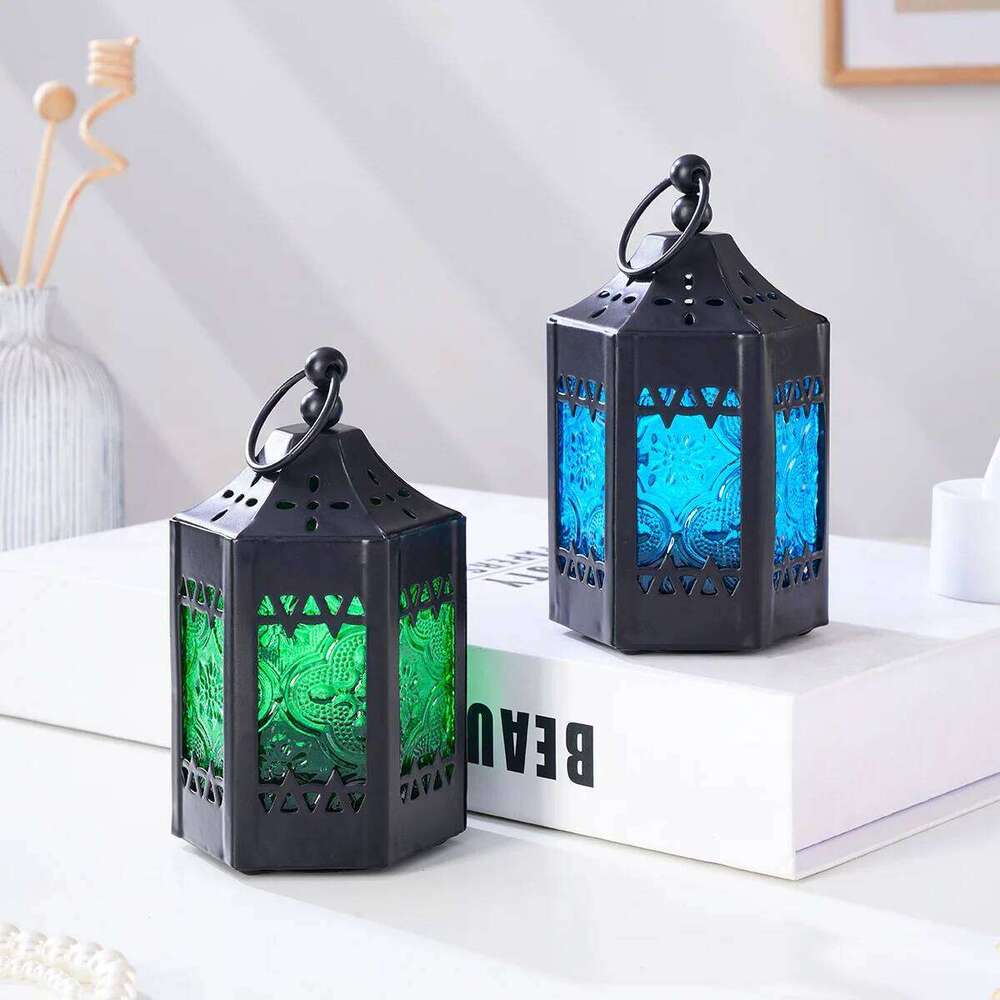 1PC, European retro ironwork, colored windproof glass, hexagonal hollowed-out candlestick lamp Y260131