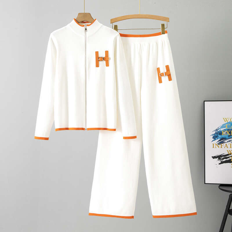 Cross-Border Foreign Trade Straight-Leg Wide-Leg Pants Casual Fashion Two-Piece Set Women's Autumn New Knitted Zipper Cardigan Suit