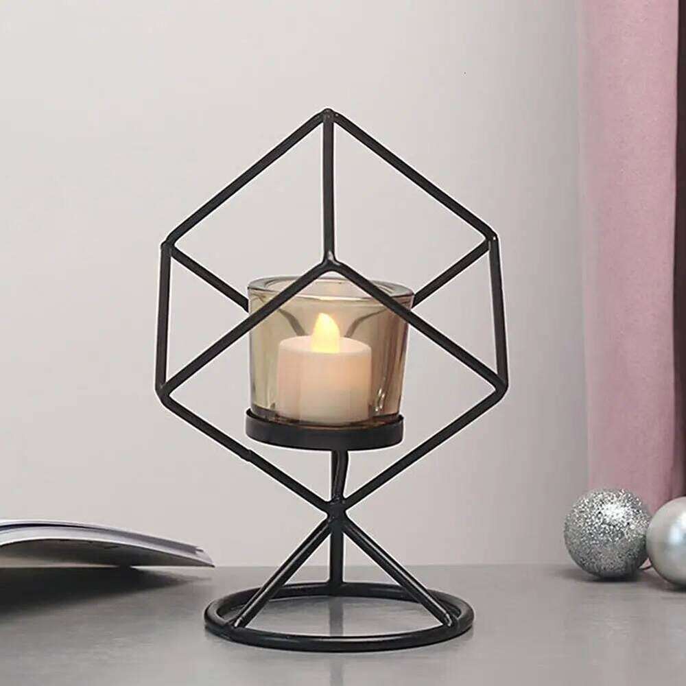 Holder with Glass Cup Geometry Iron Art Nordic Style Creative Candle Stand Table Ornament for Party Home Decoration Y260131