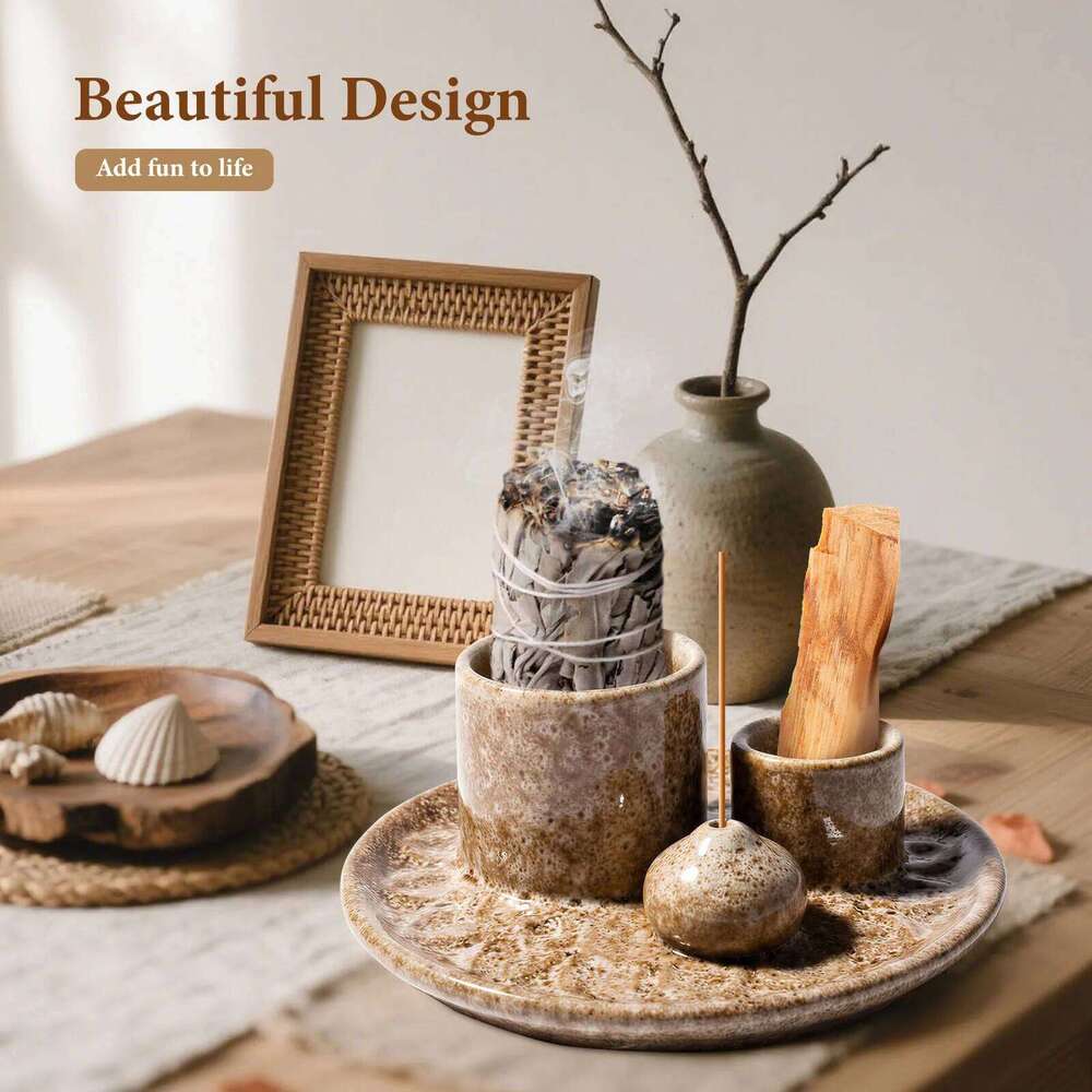 4in1 Bowl Palo Santo Ceramic Candle Holder Tray Incense Burner Sage Holders for Ideal Yoga Meditation Decoration Y260131