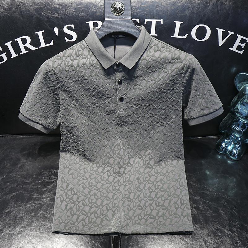 2026 New Versatile lapel short-sleeved polo shirt men's summer flocked print slim business half-sleeve polo shirt