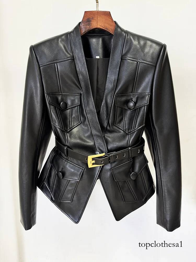 HIGH STREET Newest 2026 Designer Jacket Women's Belt Slim Fitting Button Pocket Decoration Artificial Leather Blazer