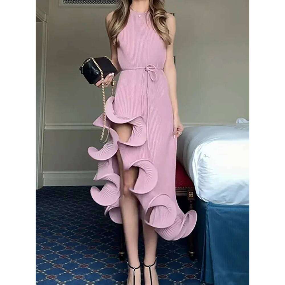 Round Neck Solid Patchwork Irregular Women Summer Off The Shoulder Fashion Party Dress, Sleeveless Elegant Ladies Dresses LEEGO LENS