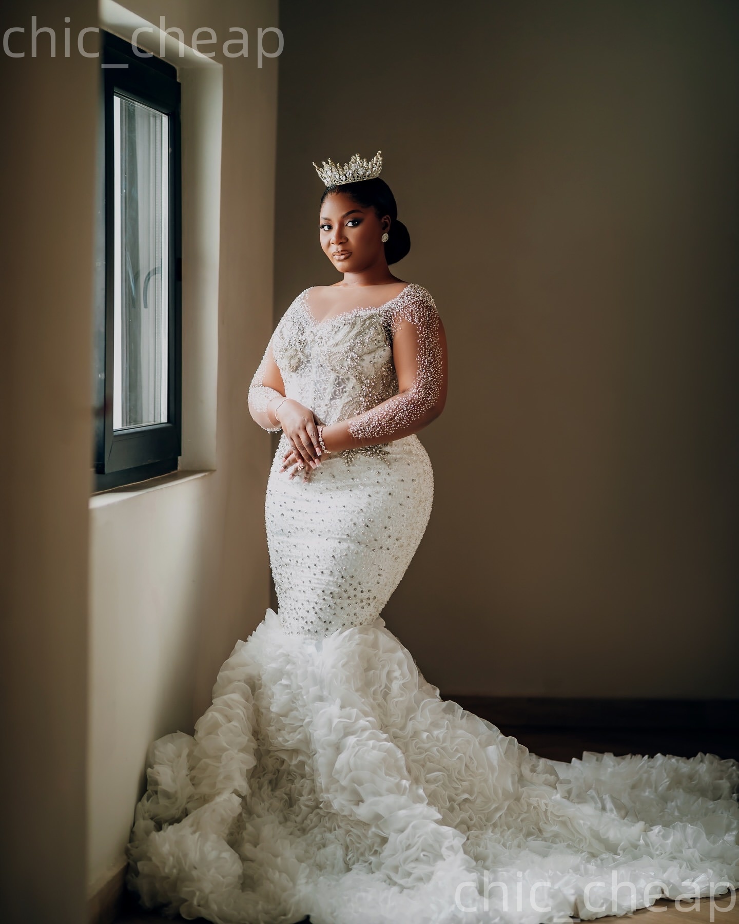 African Aso Ebi 2026 Ivory Mermaid Wedding Dress Lace Beaded Crystals Tiers Sheer Neck Full Sleeves Vintage Elegant Bridal Gowns Dresses ZJ269