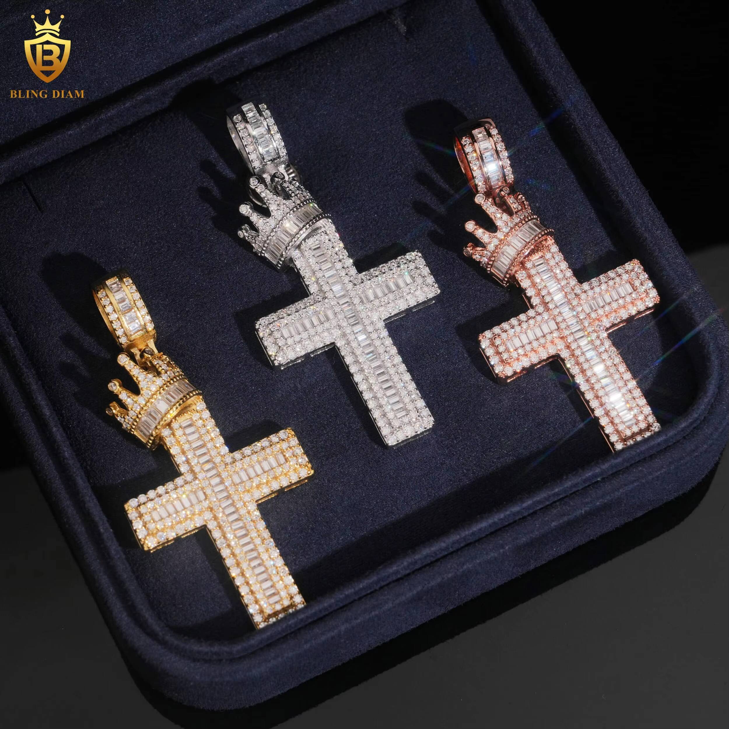 Cross Pendant Moissanite Charms 925 Silver Iced Out Baguette Cut Moissanite GRA Moissanite Pendant Men Fine Pendant Necklaces