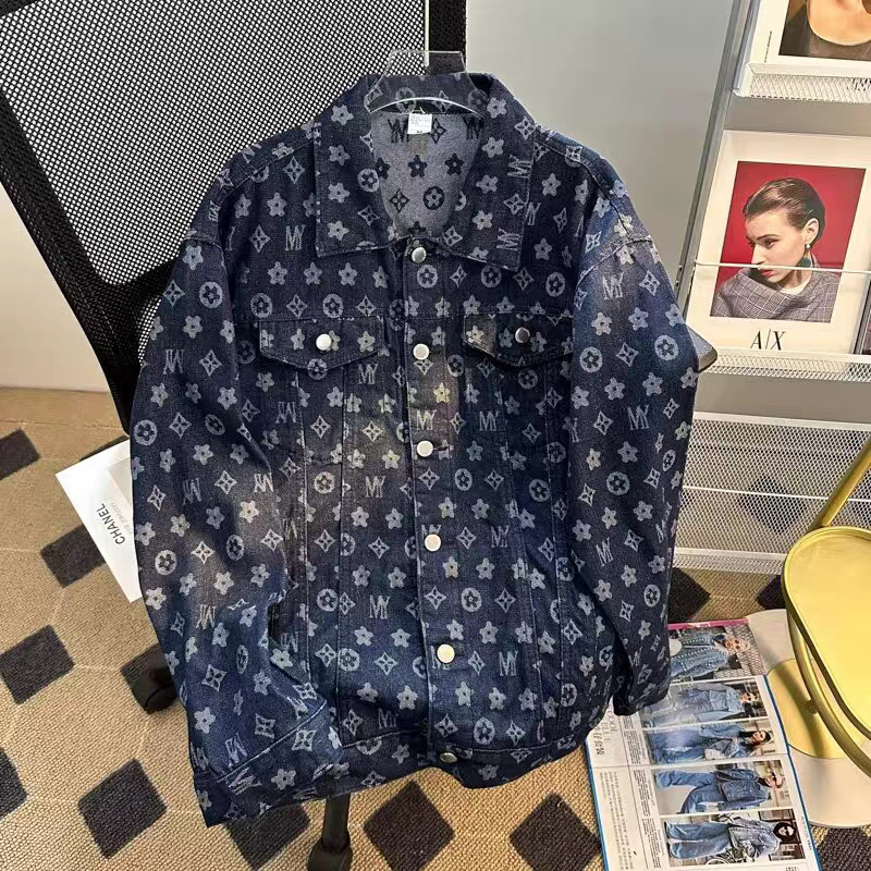 2026 Men's American Vintage Jacquard Denim Jacket, Retro Pattern Casual Coat, Relaxed Fit Spring & Autumn Outerwear