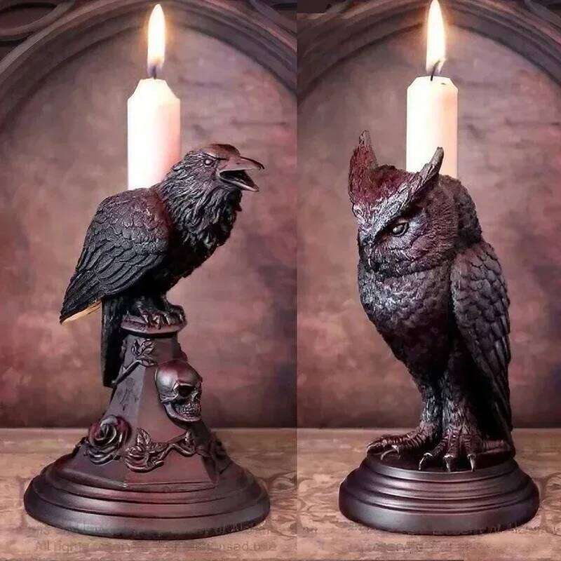 Gothic Crow Candle Holder Retro Black Owl Candlestick Sculpture Craft Halloween Statue Fun Atmosphere Home Decoration Y260131